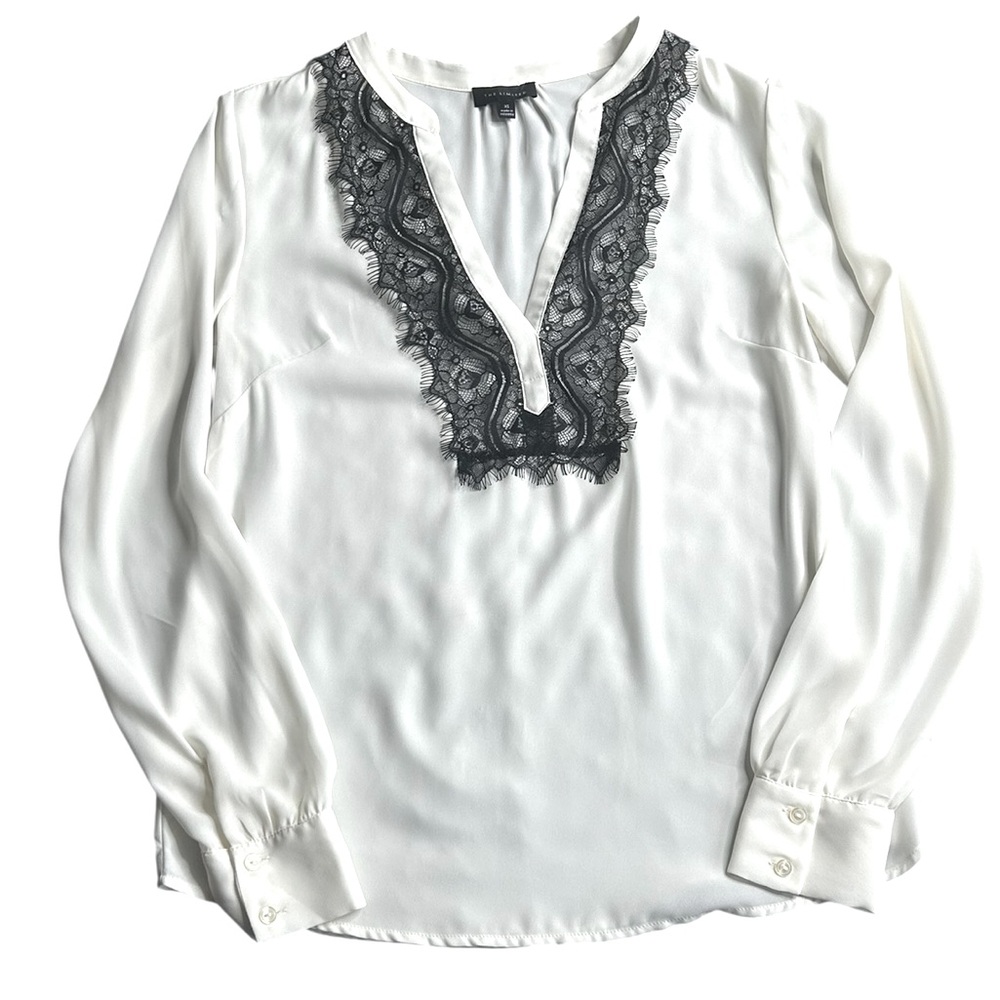 The‎ Limited Women’s Blouse XS Ivory Black Lace Trim Long Sleeve Top